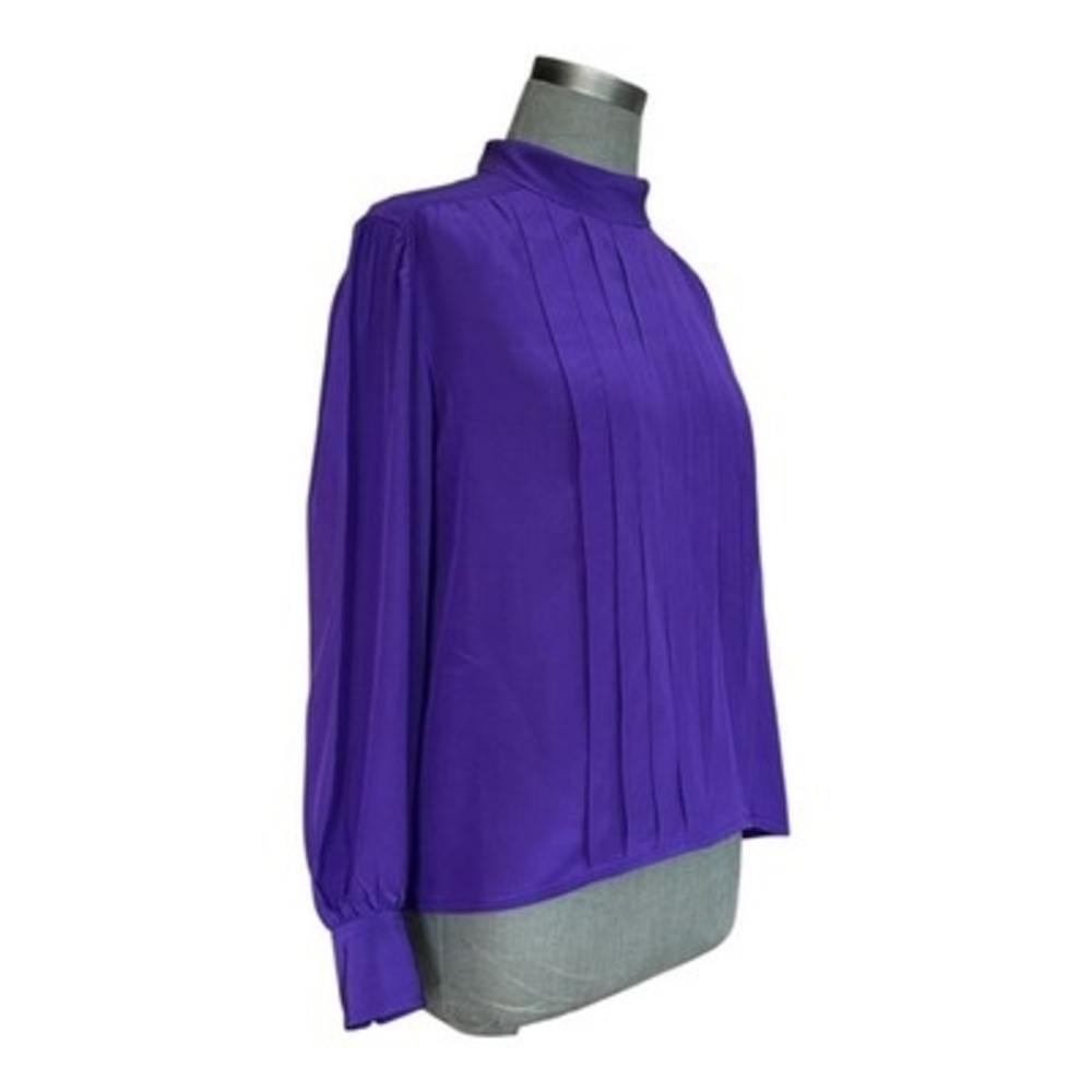 CELINE Paris Purple Silk Mock Neck Button Back Blouse Women's Top EU 46 US L - Picture 3 of 5